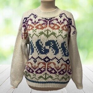 Vintage 80s JAZZIE Folk Art Fair Isle Sweater Paisley Jacquard Knit Korea Size L